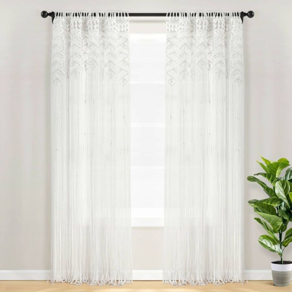 84"x40" Boho Macrame Leaf Cotton Window Curtain Panel White - Lush Décor